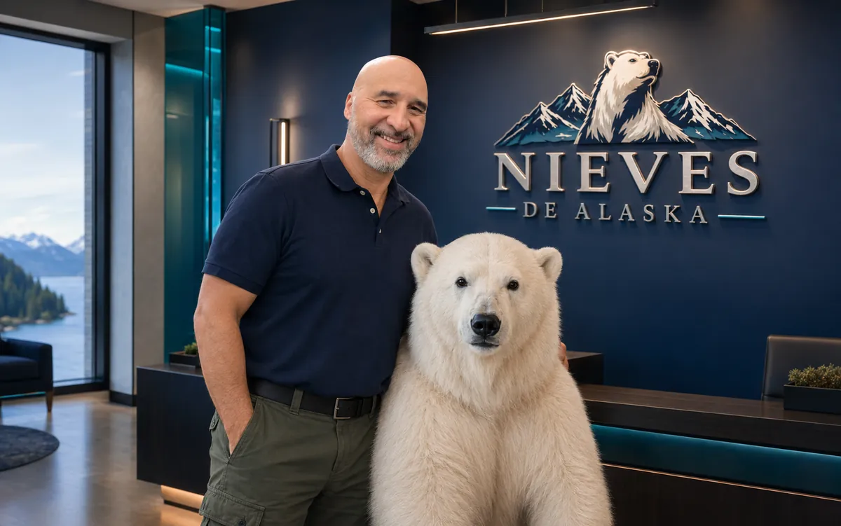 Luis Nieves with the Nieves de Alaska polar bear mascot in a branded Alaska office